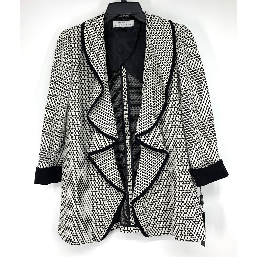 Tahari ASL Jacket Womens Size 4 Black White Cascade Ruffle Front 3/4 Sleeve Knit